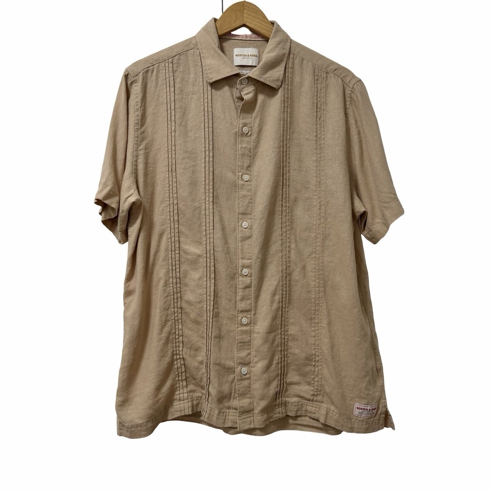 Scotch & Soda Mens Linen Blend Short Sleeve Button Up Shirt Size L Tan Coastal